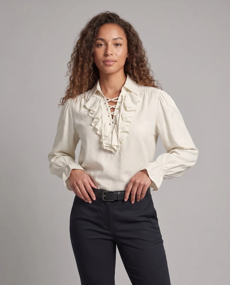 Damen elegante Rüschbluse mit Schnüren und voluminösen Ärmeln Drune