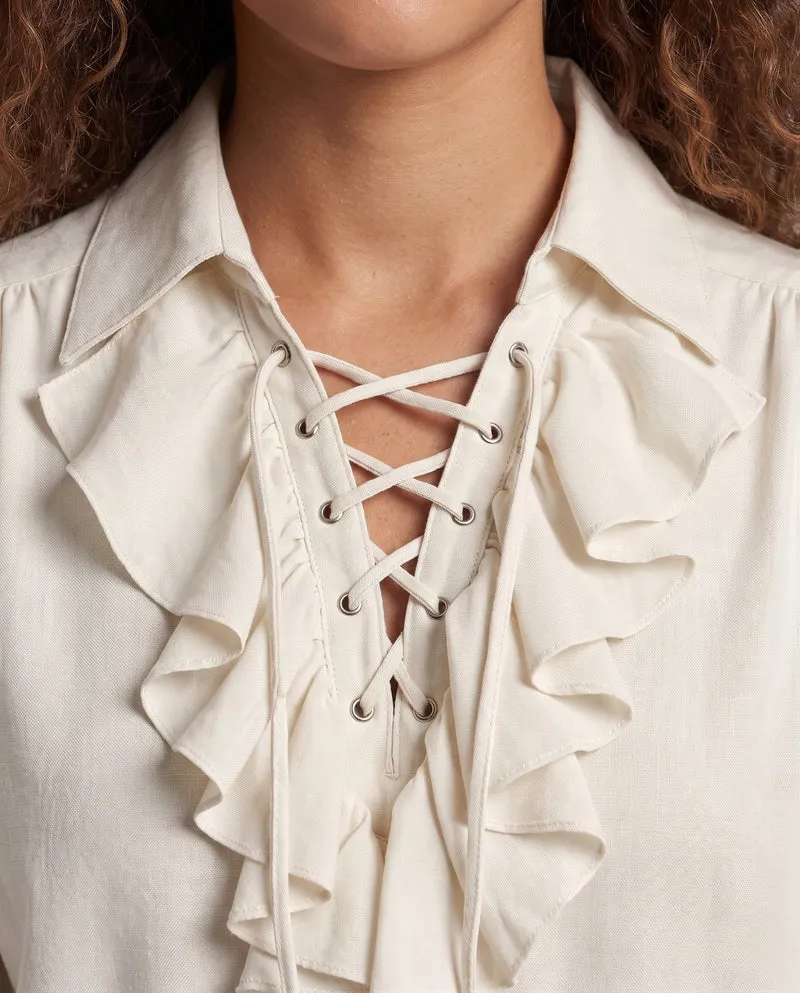 Damen elegante Rüschbluse mit Schnüren und voluminösen Ärmeln Drune