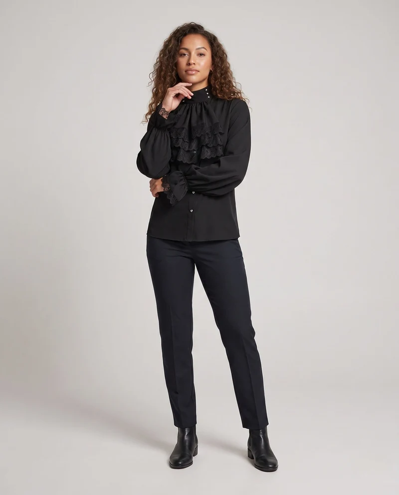 Damen Elegante Rüschbluse mit Spitzenakzenten Drune