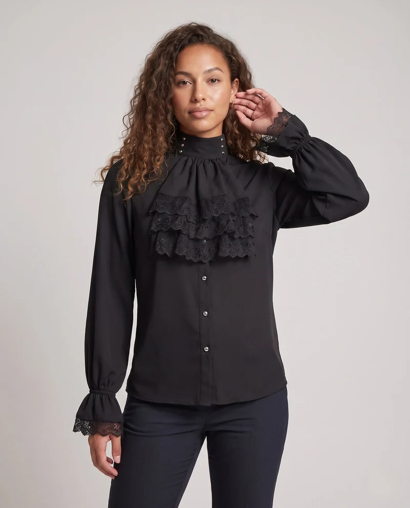 Damen Elegante Rüschbluse mit Spitzenakzenten Drune
