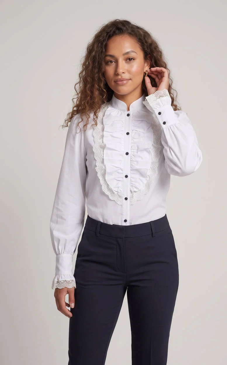 Damen elegante Rüschbluse mit Spitzenakzenten Drune