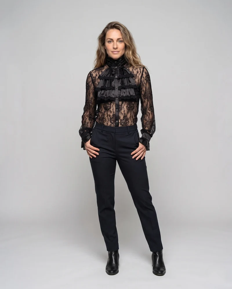 Damen elegante Rüsch Bluse mit Stehkragen und feinen Knopfdetails Drune