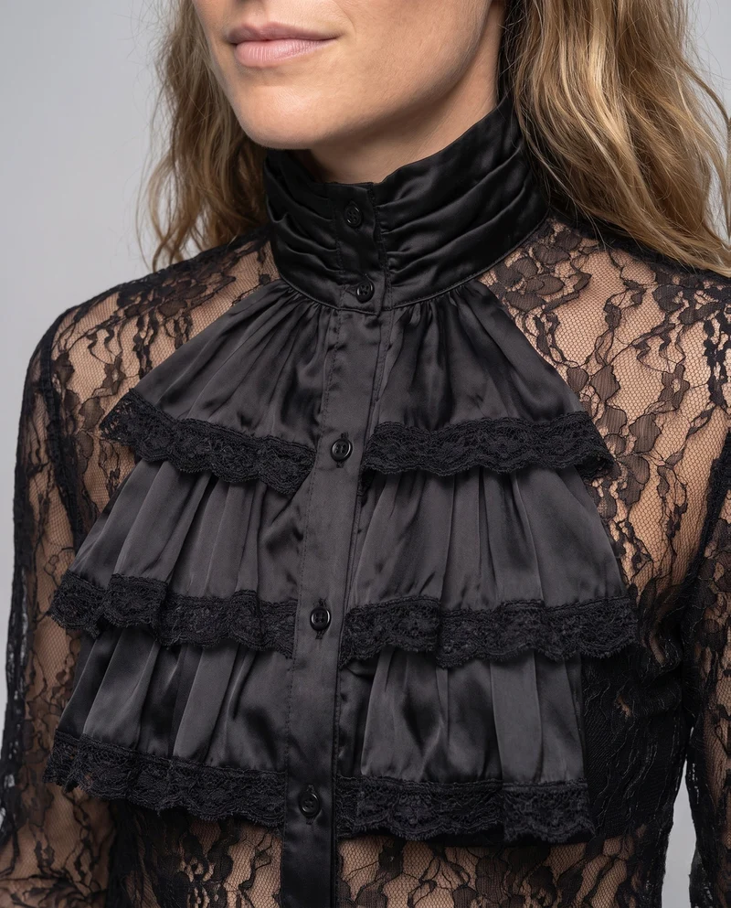 Damen elegante Rüsch Bluse mit Stehkragen und feinen Knopfdetails Drune