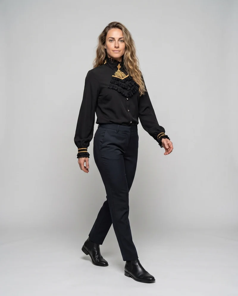 Damen elegante Rüschbluse mit Stehkragen und Knopfleiste Drune