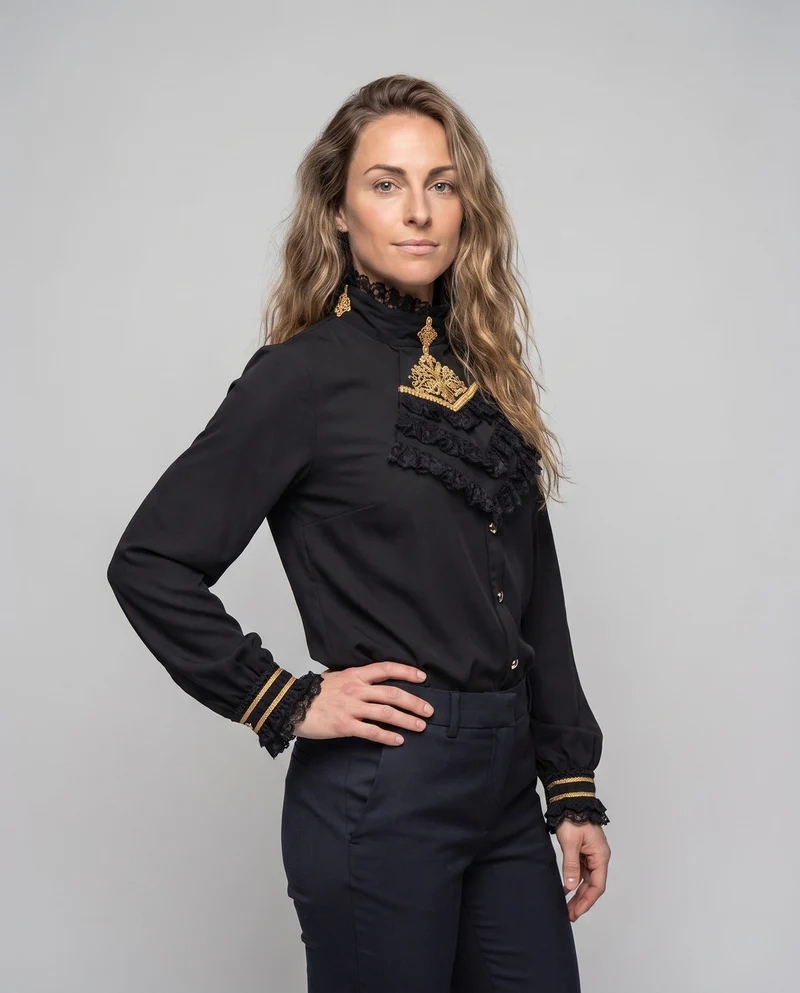 Damen elegante Rüschbluse mit Stehkragen und Knopfleiste Drune
