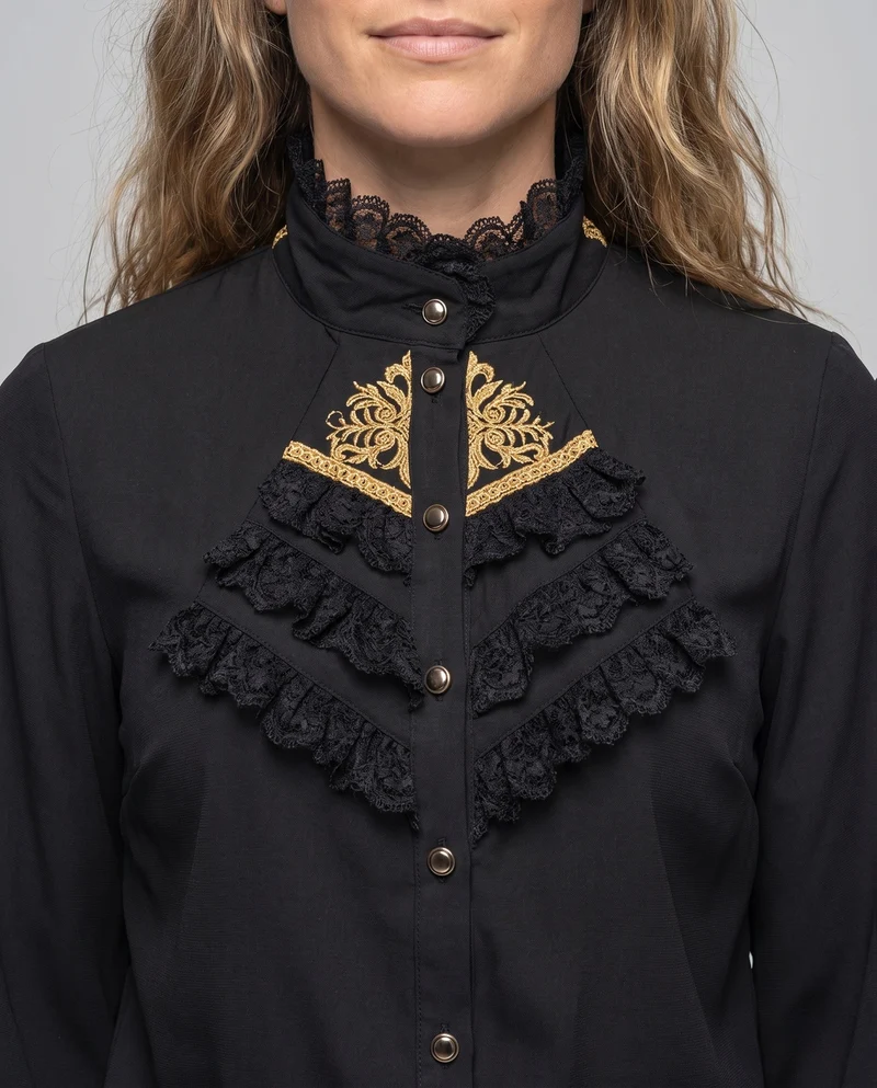 Damen elegante Rüschbluse mit Stehkragen und Knopfleiste Drune