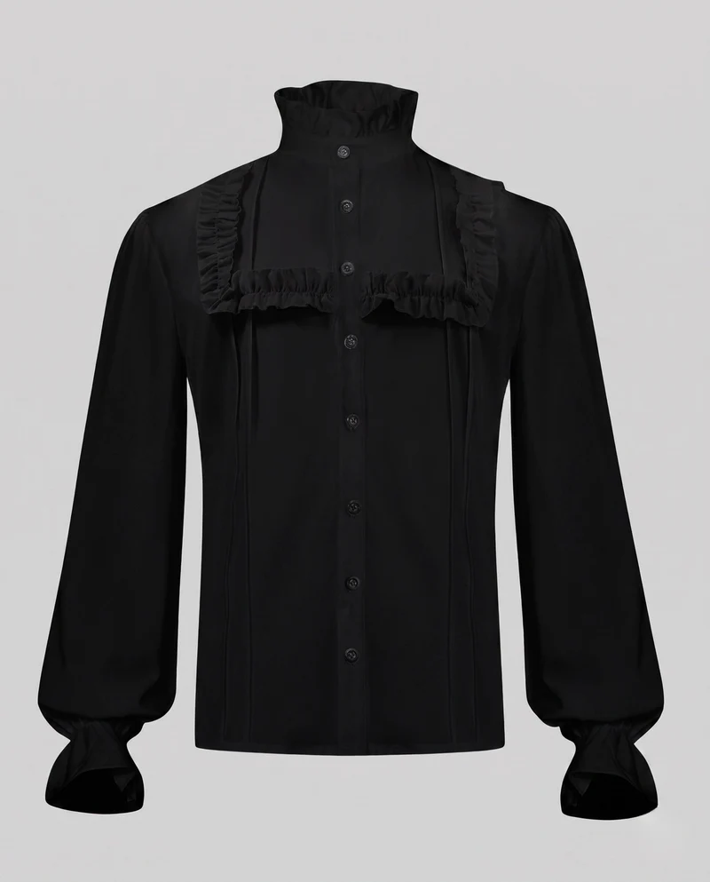 Damen elegante Rüschbluse mit Stehkragen und Knopfleiste Drune