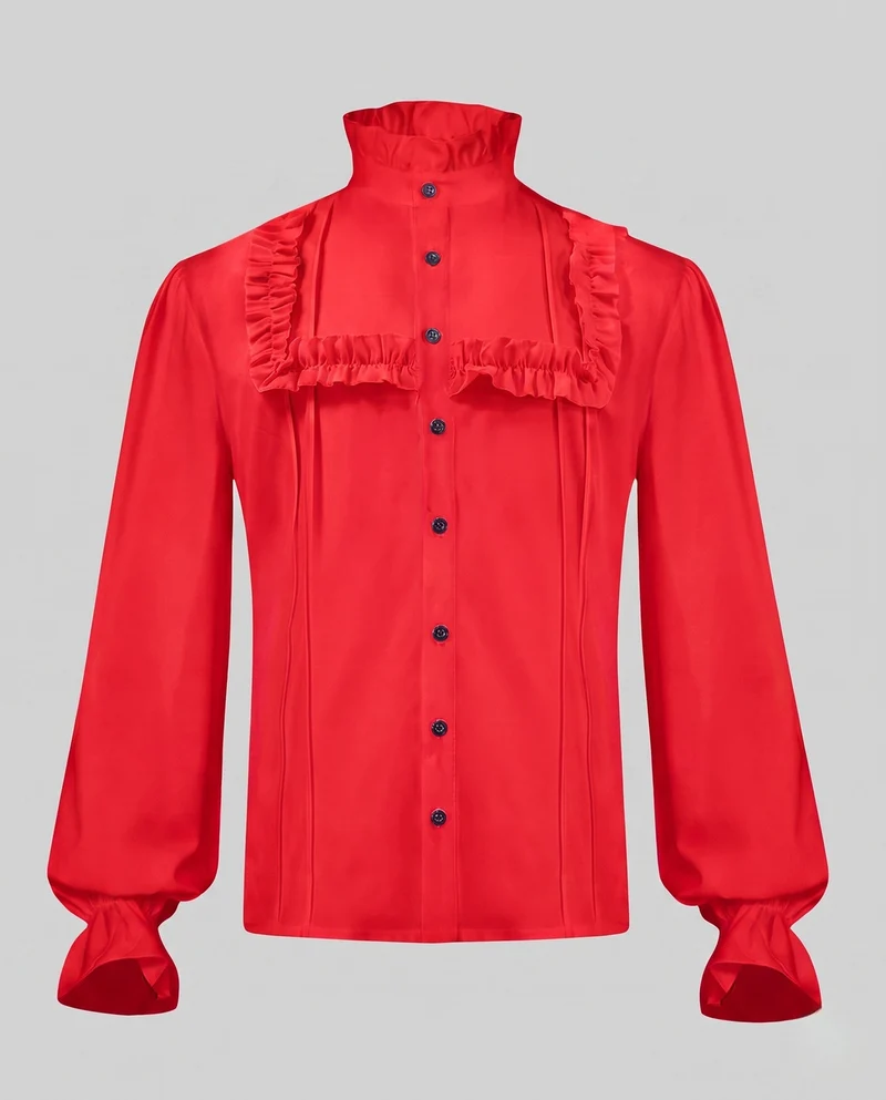 Damen elegante Rüschbluse mit Stehkragen und Knopfleiste Drune