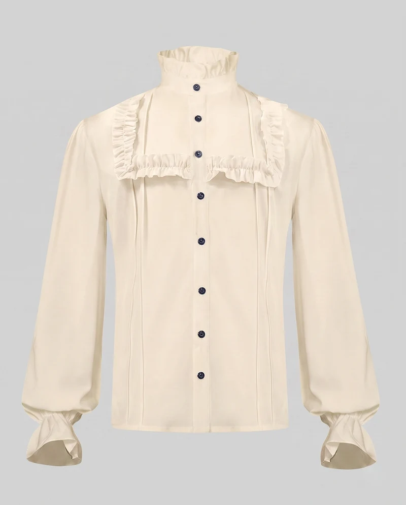 Damen elegante Rüschbluse mit Stehkragen und Knopfleiste Drune