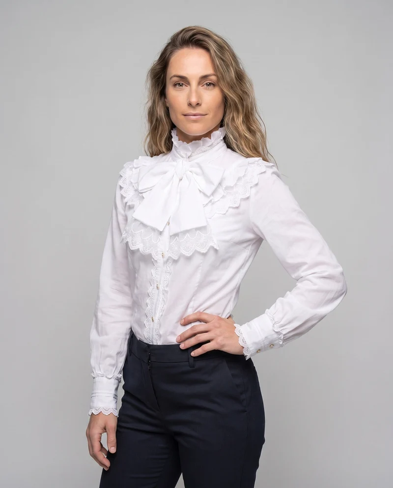 Damen elegante Rüschbluse mit Stehkragen und Schleifenakzenten Drune