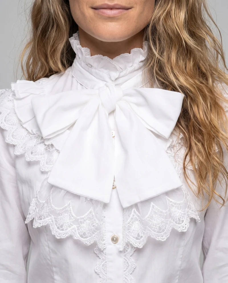 Damen elegante Rüschbluse mit Stehkragen und Schleifenakzenten Drune