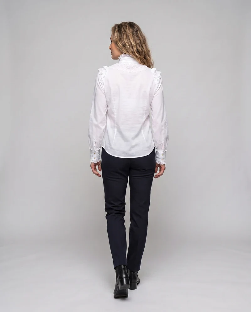 Damen elegante Rüschbluse mit Stehkragen und Schleifenakzenten Drune