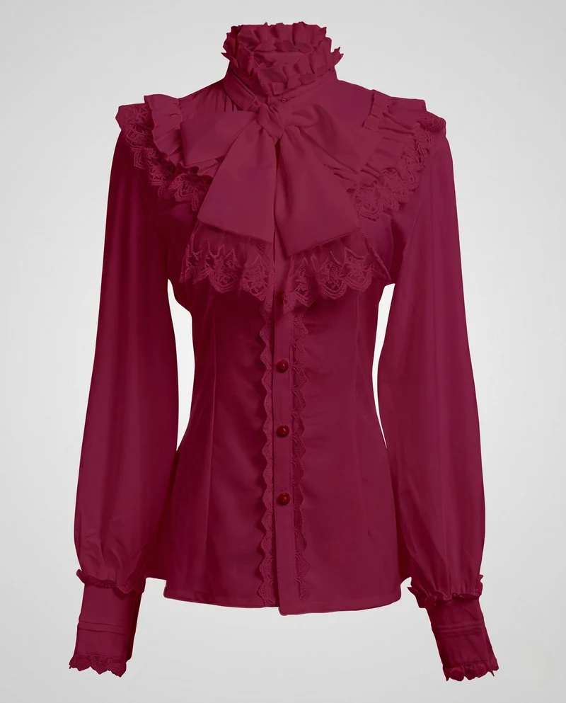 Damen elegante Rüschbluse mit Stehkragen und Schleifenakzenten Drune