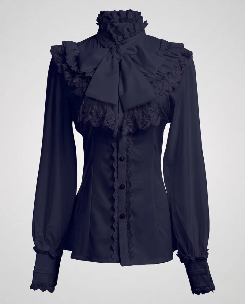 Damen elegante Rüschbluse mit Stehkragen und Schleifenakzenten Drune
