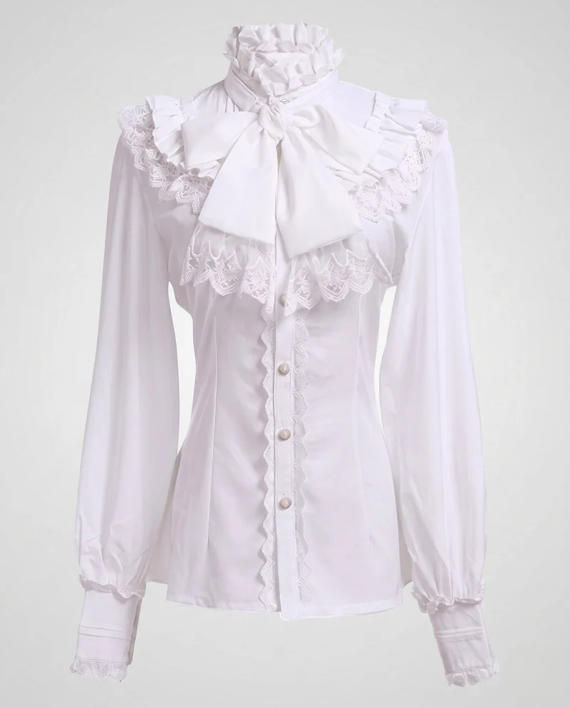 Damen elegante Rüschbluse mit Stehkragen und Schleifenakzenten Drune