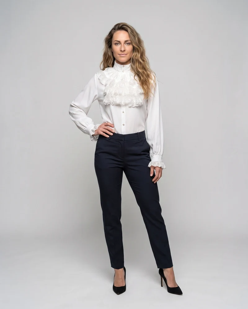 Damen elegante Rüschenshirt mit hochwertigem Stehkragen und zarten Volants Drune