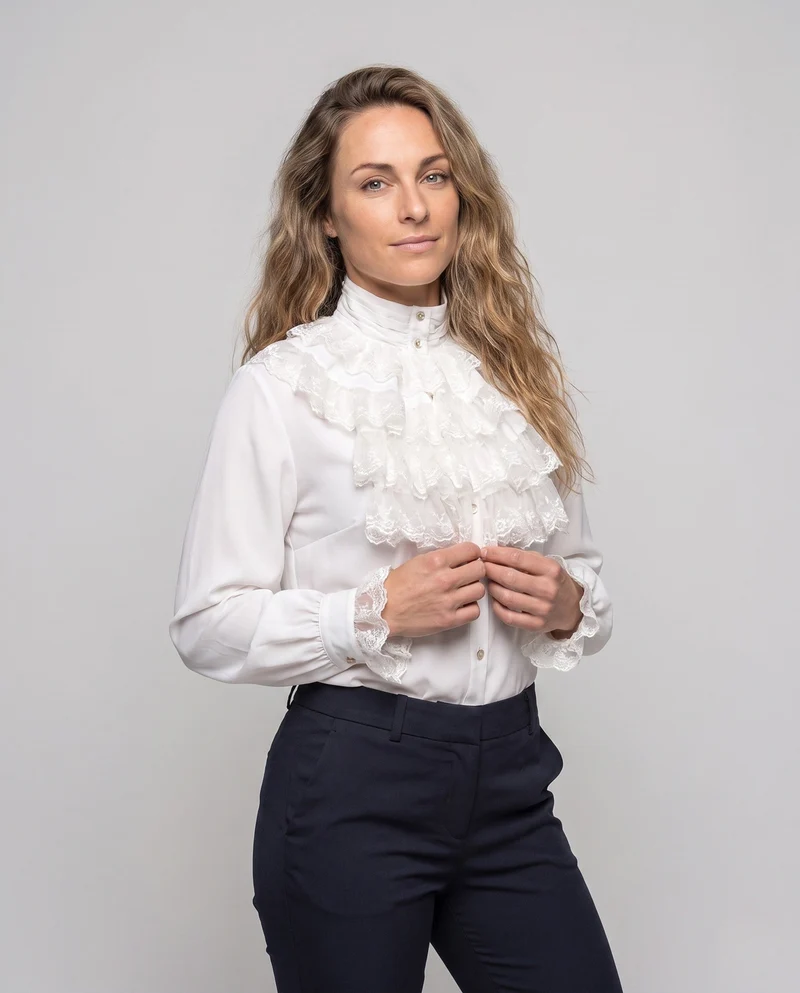 Damen elegante Rüschenshirt mit hochwertigem Stehkragen und zarten Volants Drune