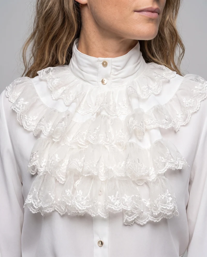 Damen elegante Rüschenshirt mit hochwertigem Stehkragen und zarten Volants Drune
