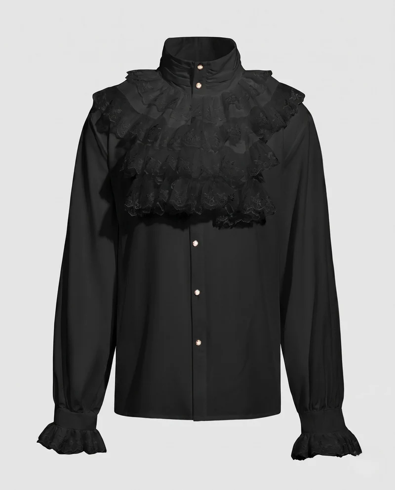 Damen elegante Rüschenshirt mit hochwertigem Stehkragen und zarten Volants Drune