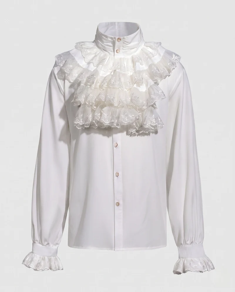 Damen elegante Rüschenshirt mit hochwertigem Stehkragen und zarten Volants Drune