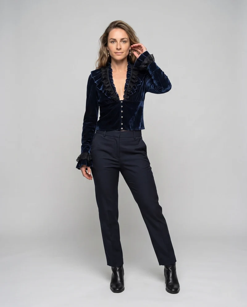 Damen elegante Samtbluse mit Spitzenrüschen und Perlenknöpfen Drune
