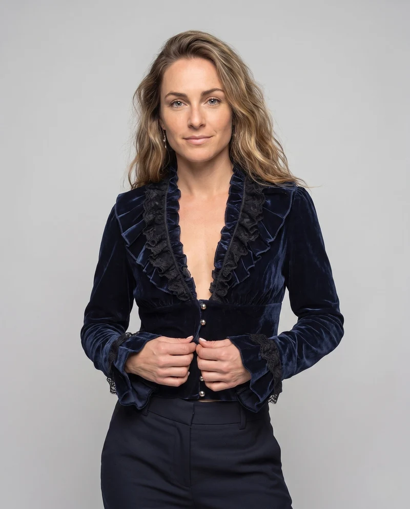 Damen elegante Samtbluse mit Spitzenrüschen und Perlenknöpfen Drune