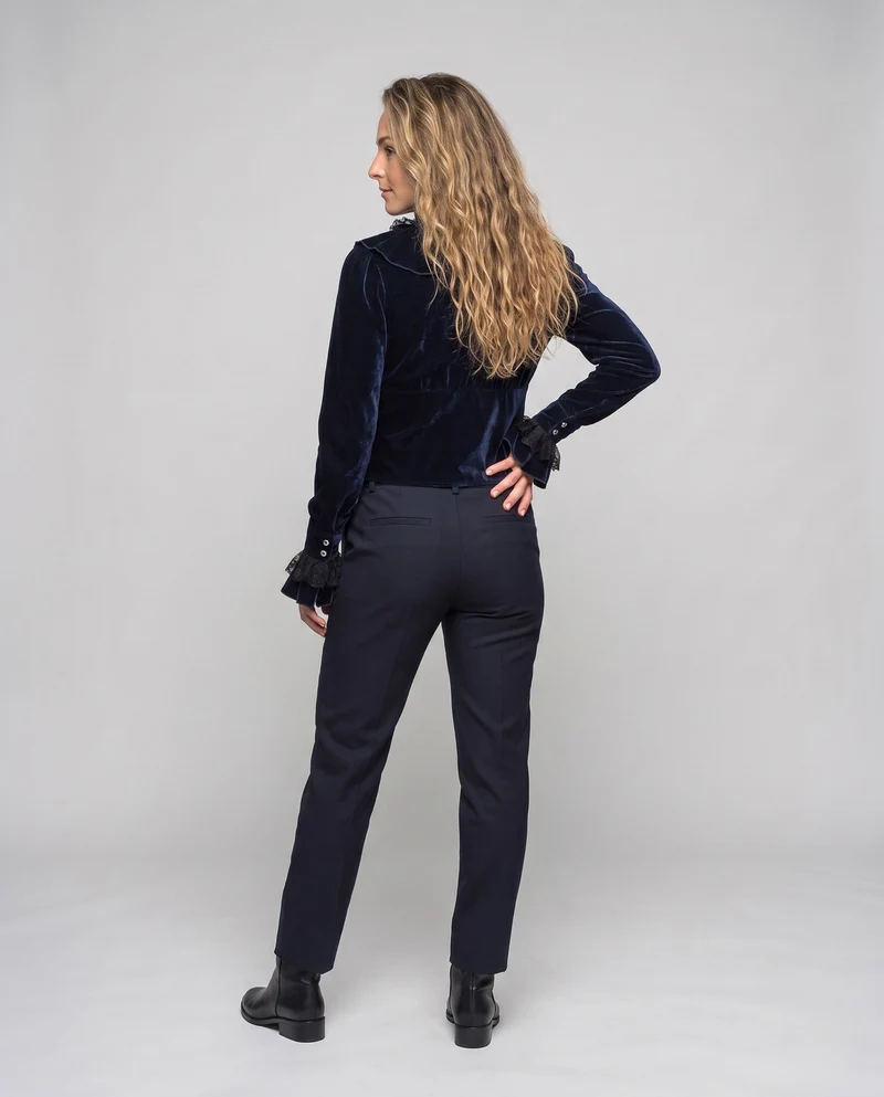 Damen elegante Samtbluse mit Spitzenrüschen und Perlenknöpfen Drune