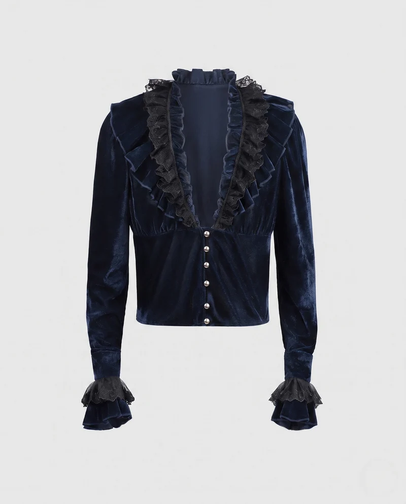 Damen elegante Samtbluse mit Spitzenrüschen und Perlenknöpfen Drune