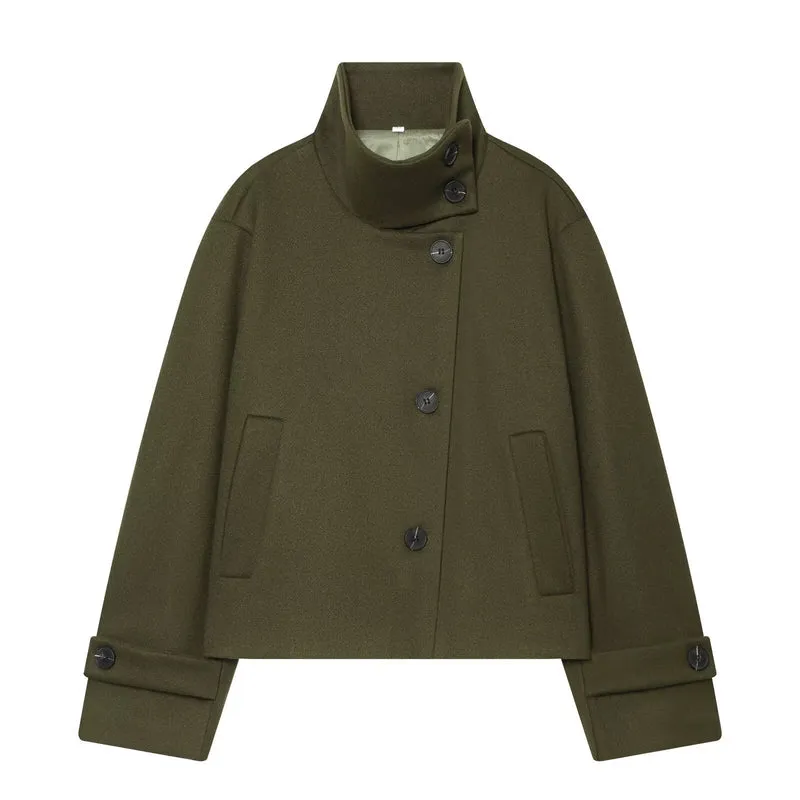 Damen Cropped Wollblouson‑Mantel mit hohem Stehkragen und Knopfblende Drune