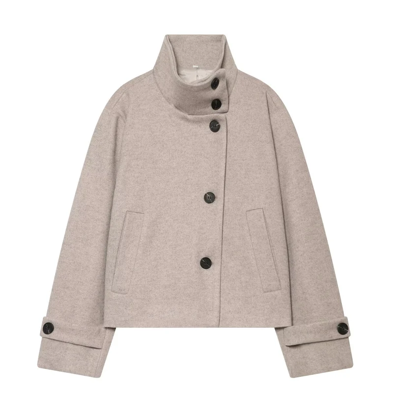 Damen Cropped Wollblouson‑Mantel mit hohem Stehkragen und Knopfblende Drune