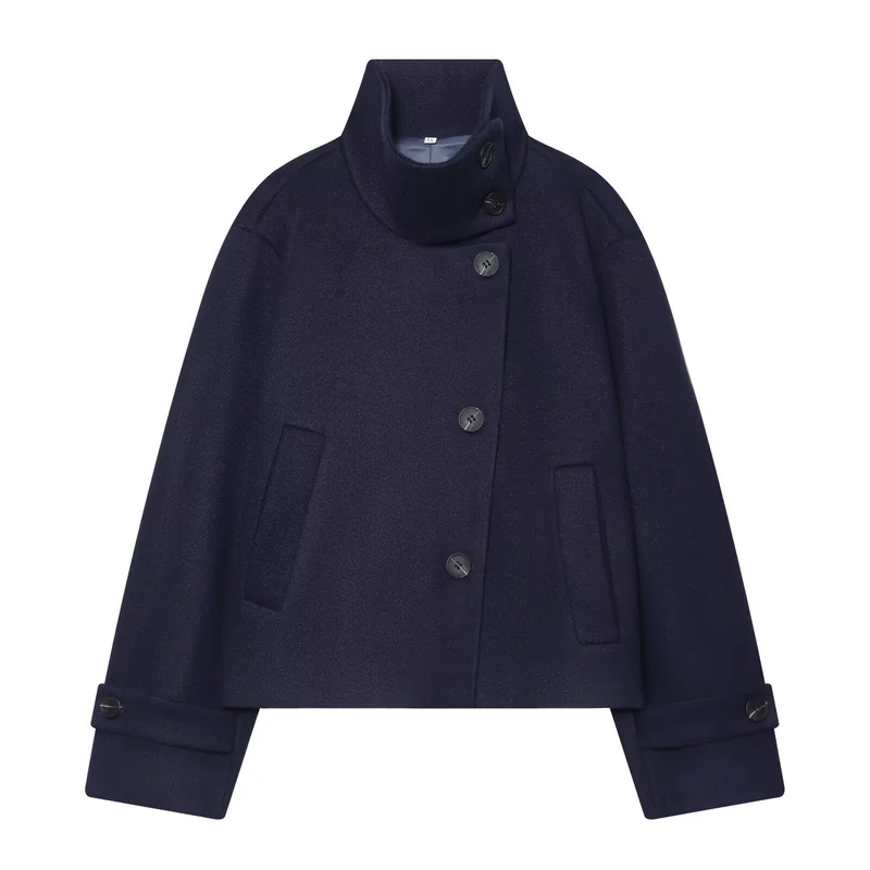 Damen Cropped Wollblouson‑Mantel mit hohem Stehkragen und Knopfblende Drune