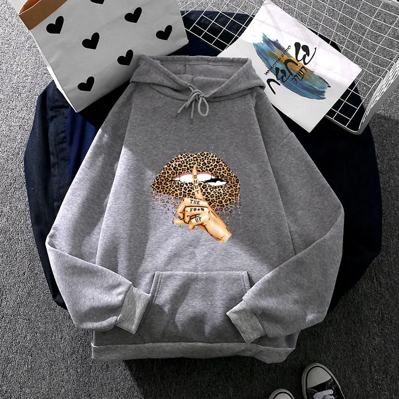 Damen nan oversized Fleece-Hoodie mit Leoparden-Lippen-Motiv, Kängurutasche und gerippten Bündchen Drune