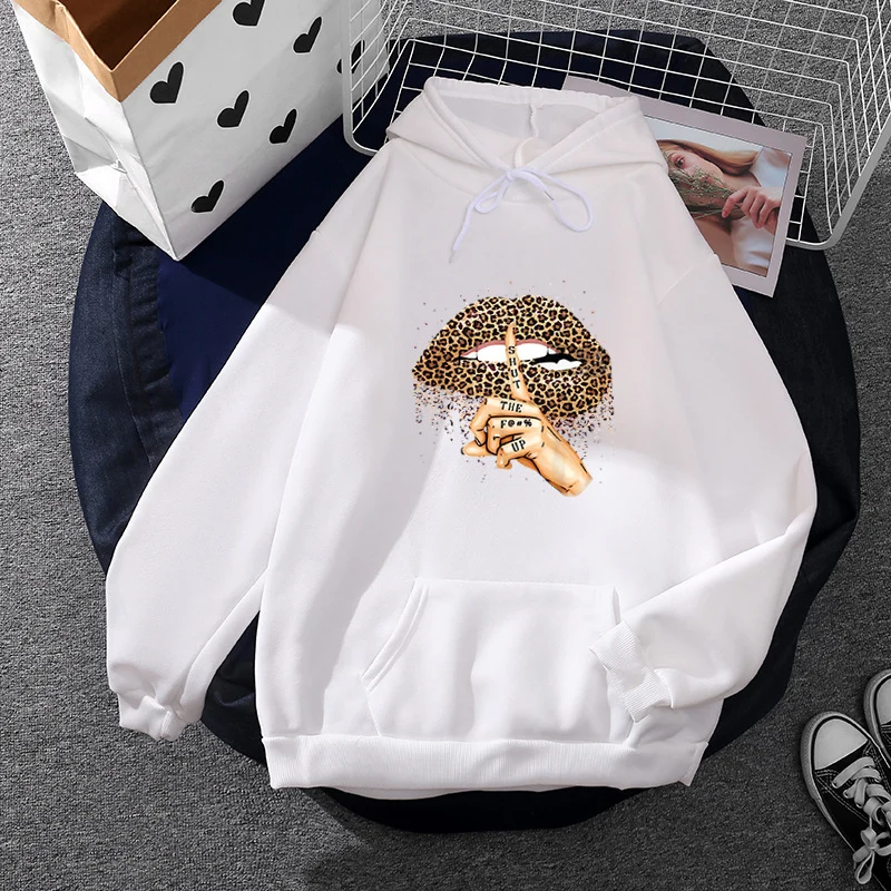 Damen nan oversized Fleece-Hoodie mit Leoparden-Lippen-Motiv, Kängurutasche und gerippten Bündchen Drune