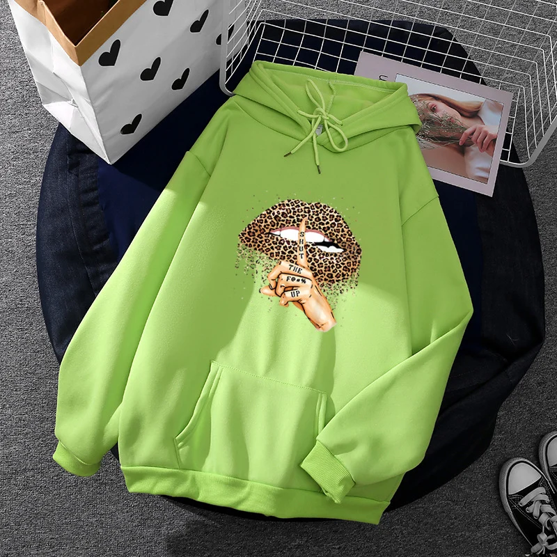 Damen nan oversized Fleece-Hoodie mit Leoparden-Lippen-Motiv, Kängurutasche und gerippten Bündchen Drune