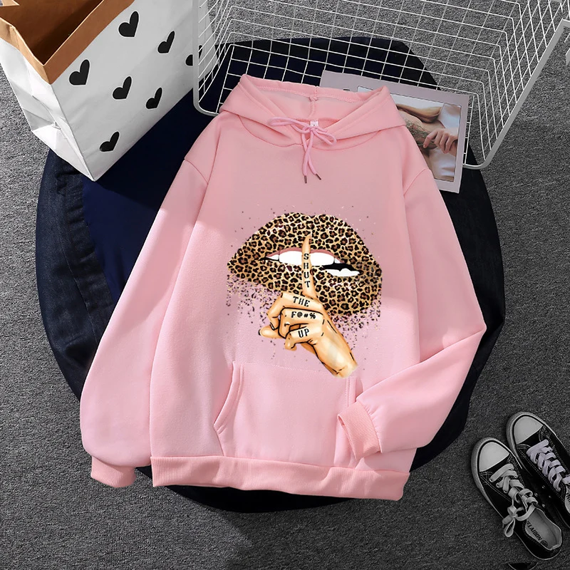 Damen nan oversized Fleece-Hoodie mit Leoparden-Lippen-Motiv, Kängurutasche und gerippten Bündchen Drune