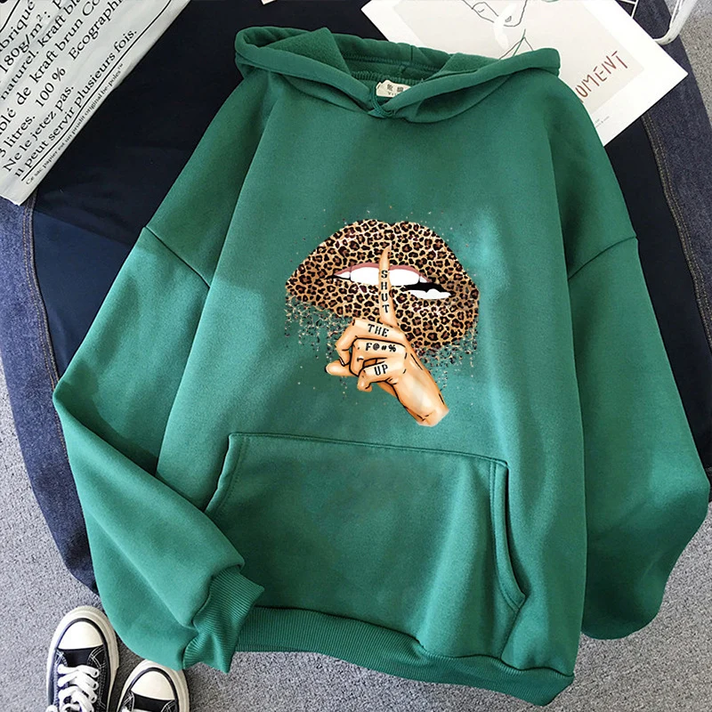 Damen nan oversized Fleece-Hoodie mit Leoparden-Lippen-Motiv, Kängurutasche und gerippten Bündchen Drune