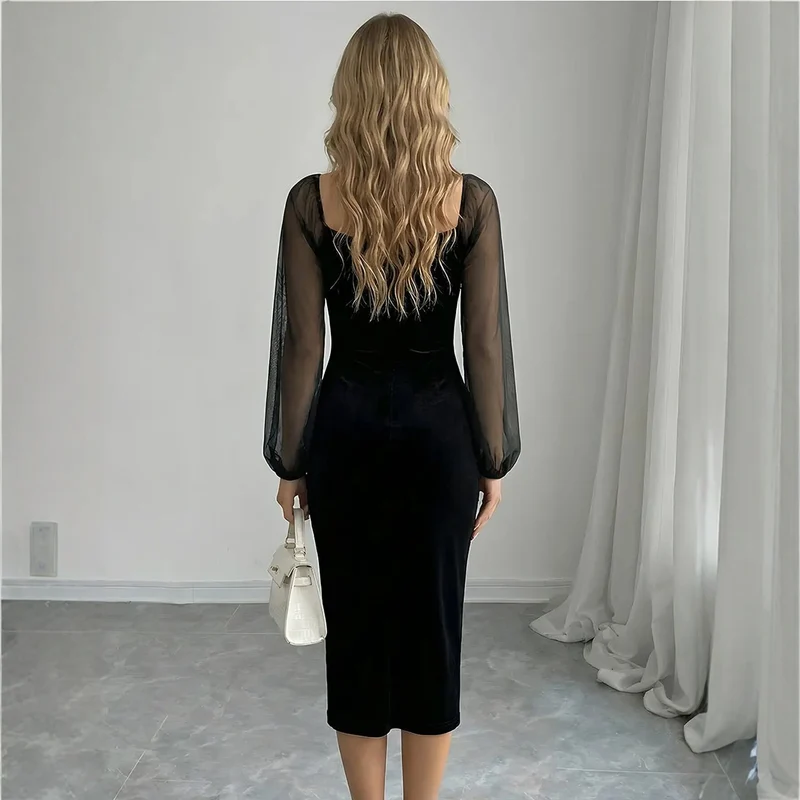 Damen figurbetontes Samtkleid mit transparenten Mesh-Ärmeln und herzförmigem Dekolleté Drune