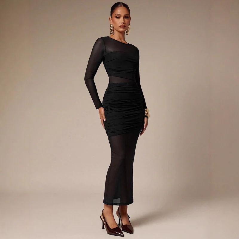 Damen nan schmalgeschnittenes Mesh-Midikleid mit langen Ärmeln, Taillenraffung und semitransparenter Rockbahn Drune