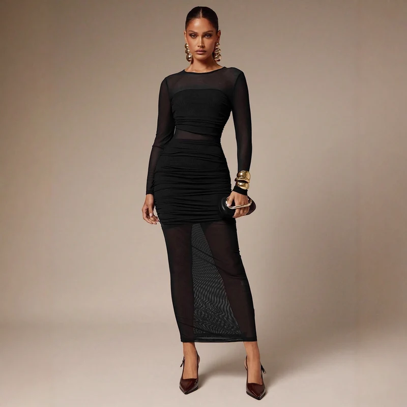 Damen nan schmalgeschnittenes Mesh-Midikleid mit langen Ärmeln, Taillenraffung und semitransparenter Rockbahn Drune