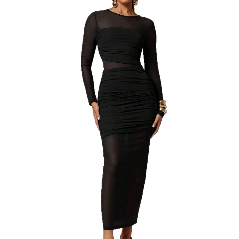 Damen nan schmalgeschnittenes Mesh-Midikleid mit langen Ärmeln, Taillenraffung und semitransparenter Rockbahn Drune