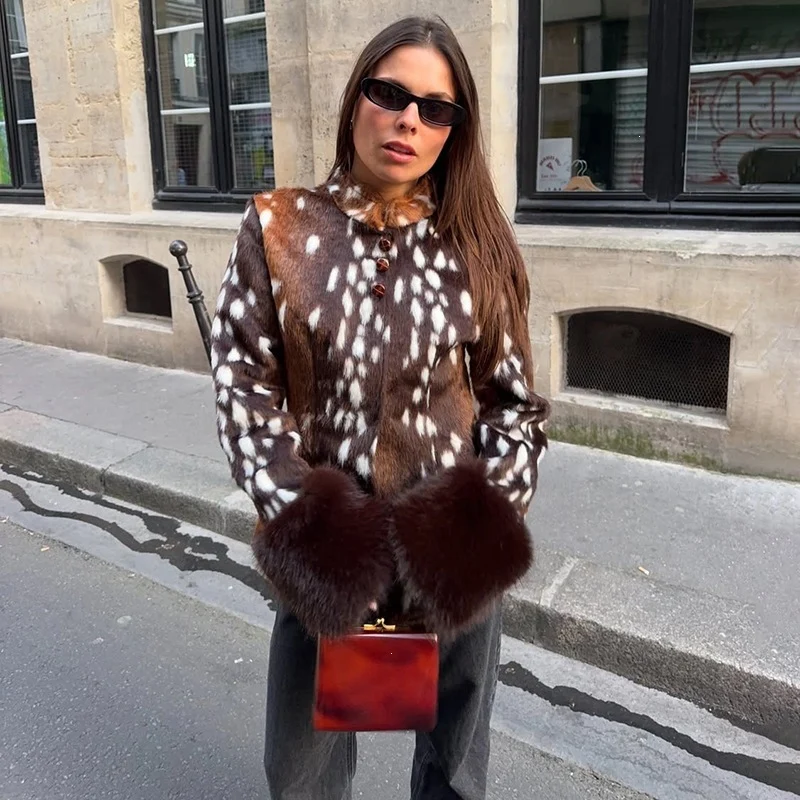 Damen Taillierte Kurzjacke mit Leopardenmuster und Kunstpelzmanschetten Drune