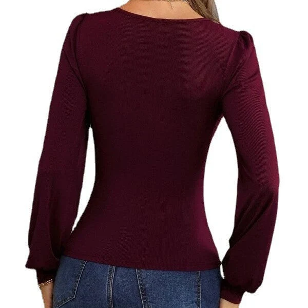 Damen figurbetontes Langarmshirt mit V-Ausschnitt und Ballonärmeln Drune