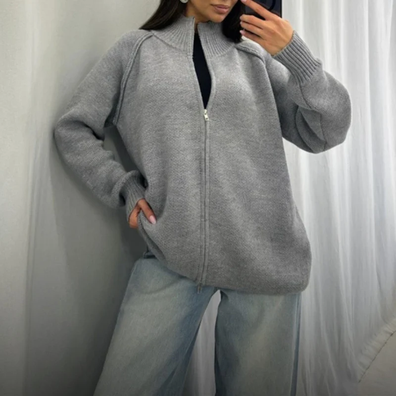 Damen Stehkragen Strickjacke mit Reißverschluss Drune