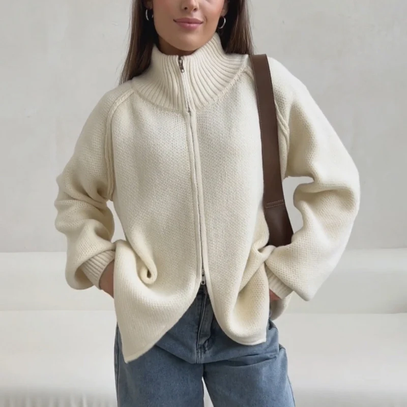 Damen Stehkragen Strickjacke mit Reißverschluss Drune