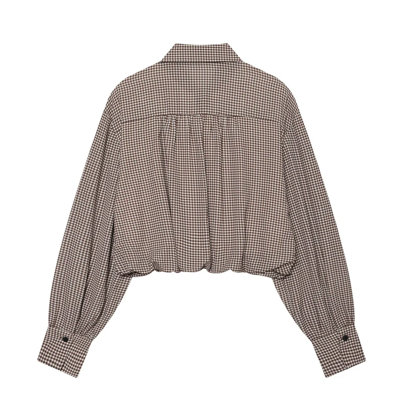 Damen Karierte Cropped-Hemdbluse mit weiten Ballonärmeln und Brusttasche Drune