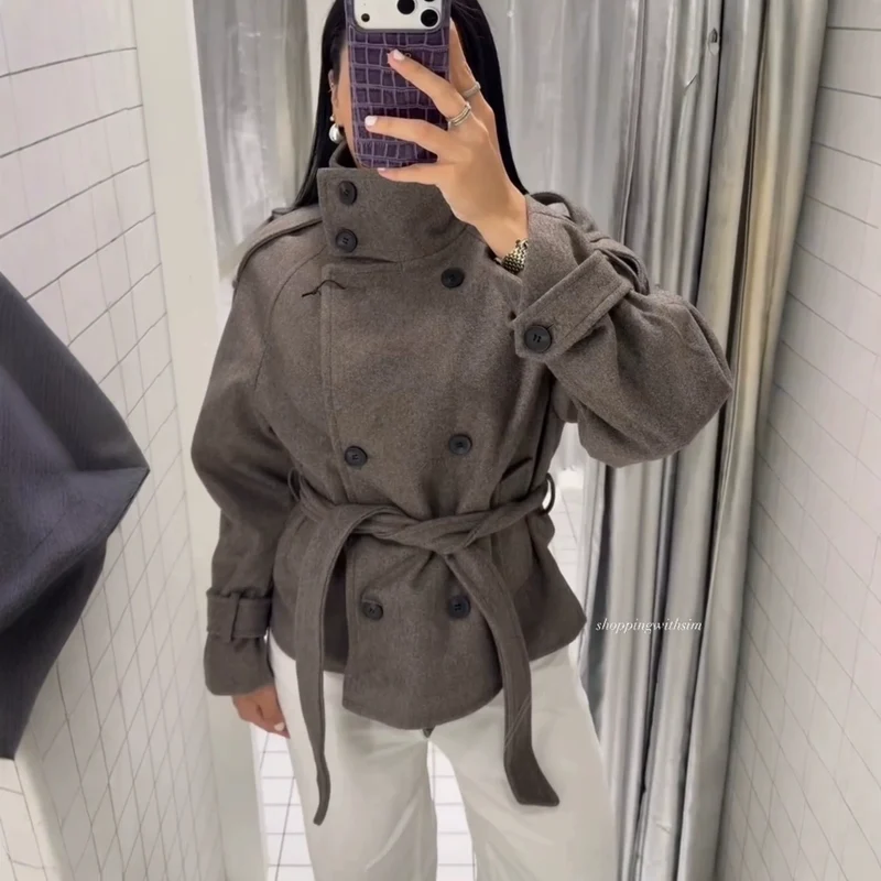 Damen Kurzblouson‑Trenchcoat aus Wollmix mit hohem Stehkragen und Bindegürtel Drune