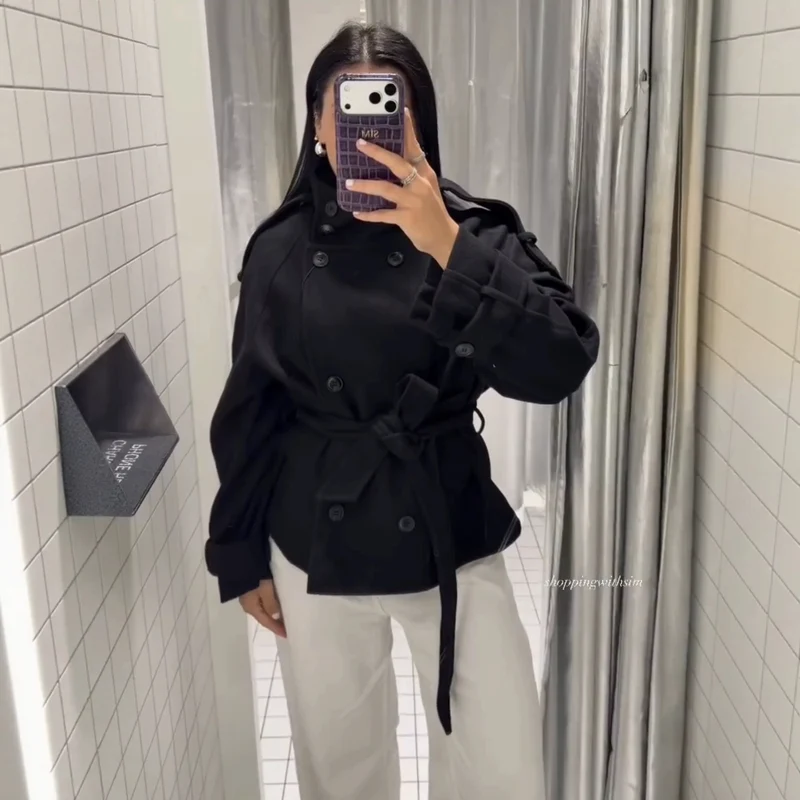 Damen Kurzblouson‑Trenchcoat aus Wollmix mit hohem Stehkragen und Bindegürtel Drune