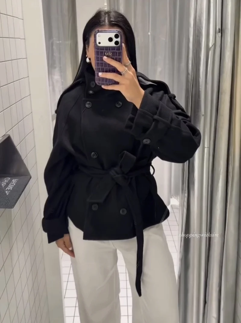 Damen Kurzblouson‑Trenchcoat aus Wollmix mit hohem Stehkragen und Bindegürtel Drune