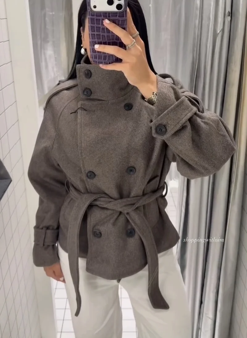 Damen Kurzblouson‑Trenchcoat aus Wollmix mit hohem Stehkragen und Bindegürtel Drune