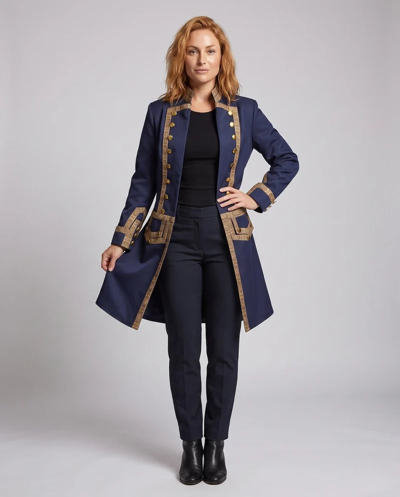 Damen historischer Frackmantel mit luxuriösen goldenen Details Drune